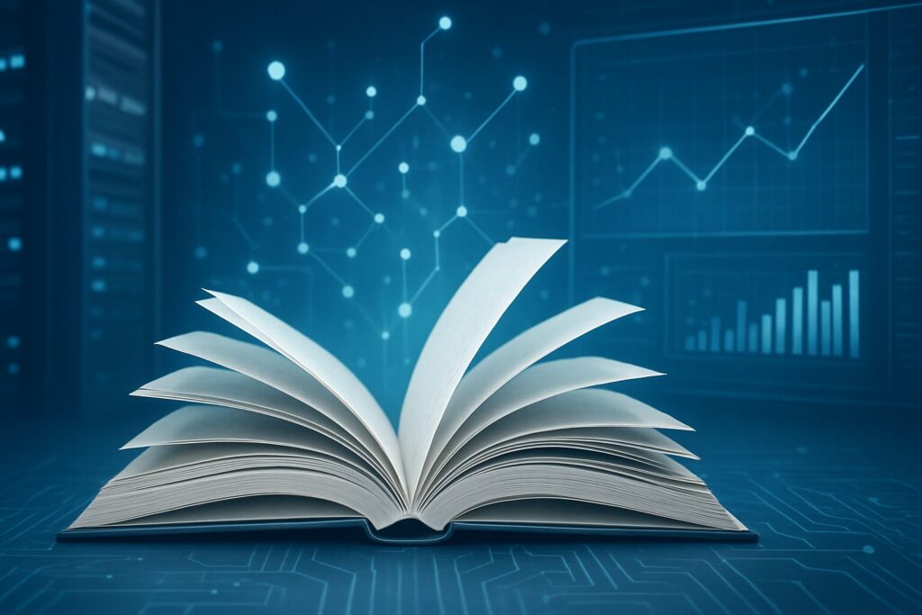 An open book in front of a digital background with data graphs.