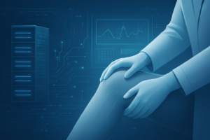A digital depiction of a medical professional touching a knee, with technology graphics in the background indicating per